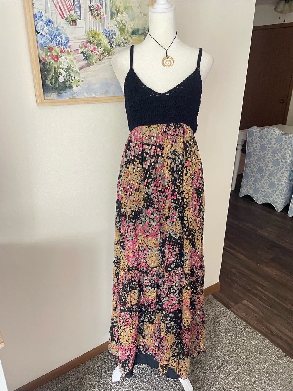 M Missoni Silk Metallic Crochet Tiered Maxi Dress Black Pink Gold Size US 8